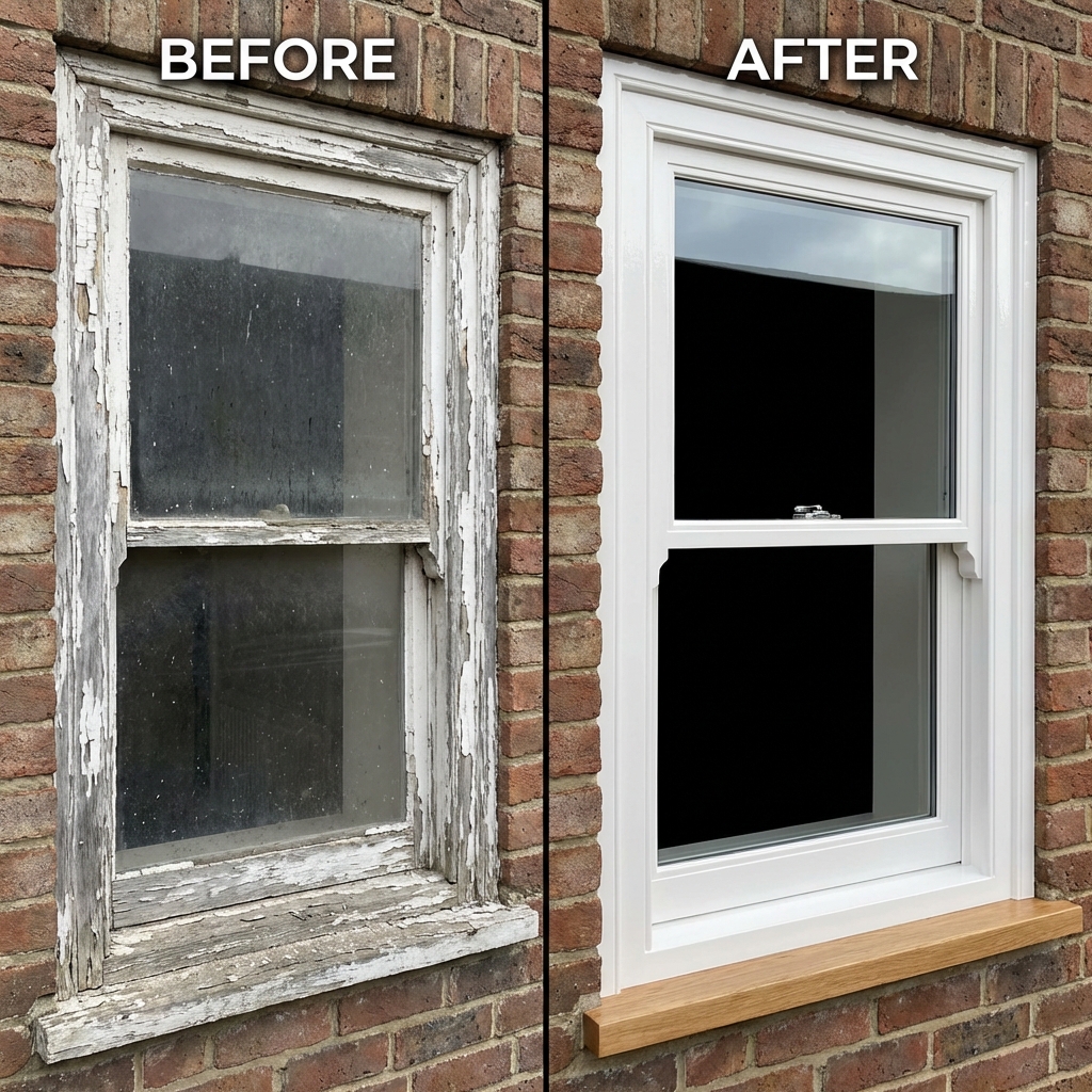 Før og efter restaurering af vindue