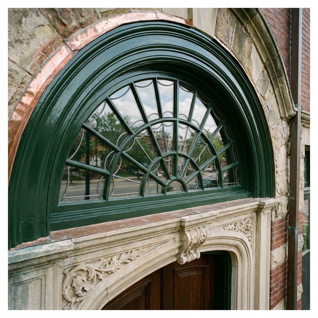 Restaureret mørkegrønt buet vindue
