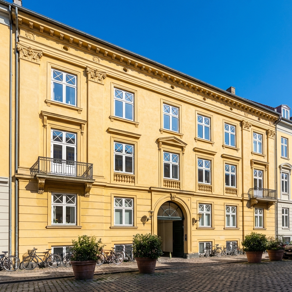 Gul facade på Frederiksberg med nye dannebrogsvinduer